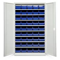 Opbevaringsskab med 45 bl&aring; kasser 1980x1200x470mm, lys gr&aring; d&oslash;re