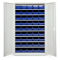 Opbevaringsskab med 45 blå kasser 1980x1200x570mm, lys grå døre