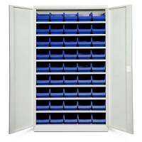 Opbevaringsskab med 45 bl&aring; kasser 1980x1200x670mm, lys gr&aring; d&oslash;re