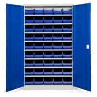 Opbevaringsskab med 45 blå kasser 1980x1200x670mm, blå døre