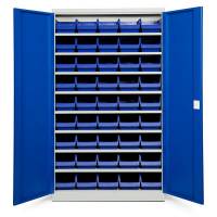 Opbevaringsskab med 45 bl&aring; kasser 1980x1200x670mm, bl&aring; d&oslash;re