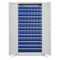 Opbevaringsskab med 104 blå kasser 1980x980x470mm, lys grå døre