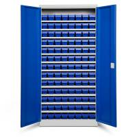 Opbevaringsskab med 104 bl&aring; kasser 1980x980x470mm, bl&aring; d&oslash;re
