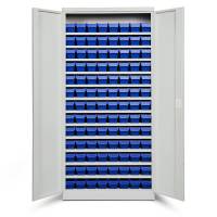 Opbevaringsskab med 104 bl&aring; kasser 1980x980x570mm, lys gr&aring; d&oslash;re