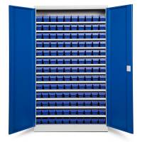 Opbevaringsskab med 130 bl&aring; kasser 1980x1200x470mm, bl&aring; d&oslash;re