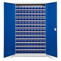 Opbevaringsskab med 130 bl&aring; kasser 1980x1200x470mm, bl&aring; d&oslash;re