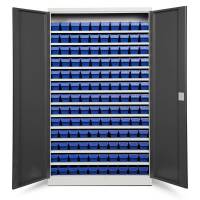 Opbevaringsskab med 130 blå kasser 1980x1200x470mm, antracit døre