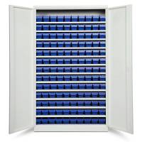 Opbevaringsskab med 130 blå kasser 1980x1200x570mm, lys grå døre