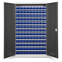 Opbevaringsskab med 130 bl&aring; kasser 1980x1200x570mm, antracit d&oslash;re