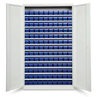 Opbevaringsskab med 130 bl&aring; kasser 1980x1200x670mm, lys gr&aring; d&oslash;re