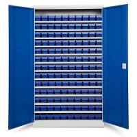 Opbevaringsskab med 130 bl&aring; kasser 1980x1200x670mm, bl&aring; d&oslash;re