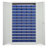 Opbevaringsskab med 65 bl&aring; kasser 1980x1200x570mm, lys gr&aring; d&oslash;re