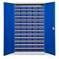 Opbevaringsskab med 65 bl&aring; kasser 1980x1200x570mm, bl&aring; d&oslash;re
