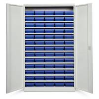 Opbevaringsskab med 65 bl&aring; kasser 1980x1200x670mm, lys gr&aring; d&oslash;re