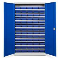 Opbevaringsskab med 65 bl&aring; kasser 1980x1200x670mm, bl&aring; d&oslash;re