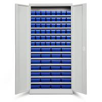 Opbevaringsskab med 76 bl&aring; kasser 1980x980x470mm, lys gr&aring; d&oslash;re