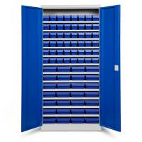 Opbevaringsskab med 76 bl&aring; kasser 1980x980x570mm, bl&aring; d&oslash;re