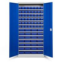 Opbevaringsskab med 76 bl&aring; kasser 1980x980x570mm, bl&aring; d&oslash;re