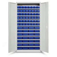 Opbevaringsskab med 76 bl&aring; kasser 1980x980x670mm, lys gr&aring; d&oslash;re