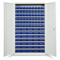 Opbevaringsskab med 95 blå kasser 1980x1200x670mm, lys grå døre