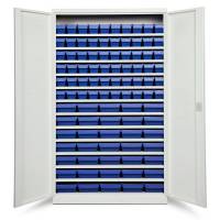 Opbevaringsskab med 95 bl&aring; kasser 1980x1200x670mm, lys gr&aring; d&oslash;re
