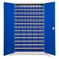 Opbevaringsskab med 95 blå kasser 1980x1200x670mm, blå døre