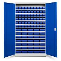 Opbevaringsskab med 95 bl&aring; kasser 1980x1200x670mm, bl&aring; d&oslash;re