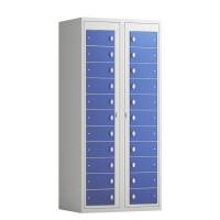 Tøjudleveringsskab 2x11 rum med greb til hængelås, med lige tag og blå døre