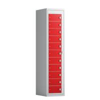 T&oslash;judleveringsskab 1x11 rum med greb til h&aelig;ngel&aring;s, med lige tag og r&oslash;de d&oslash;re