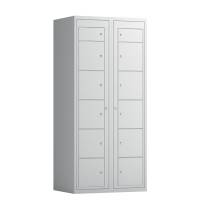 Tøjudleveringsskab 2x6 rum med cylinderlås, med lige tag og lysegrå døre