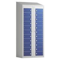 Tøjudleveringsskab 2x11 rum med greb til hængelås, med skråt tag og blå døre