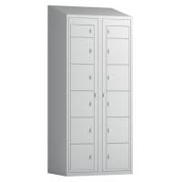 T&oslash;judleveringsskab 2x6 rum med greb til h&aelig;ngel&aring;s, med skr&aring;t tag og lysegr&aring; d&oslash;re