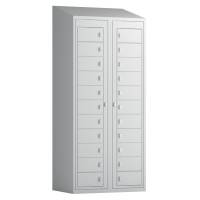 T&oslash;judleveringsskab 2x11 rum med greb til h&aelig;ngel&aring;s, med skr&aring;t tag og lysegr&aring; d&oslash;re