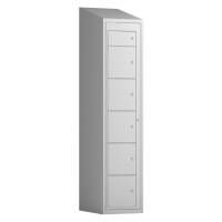 T&oslash;judleveringsskab 1x6 rum med cylinderl&aring;s, med skr&aring;t tag og lysegr&aring; d&oslash;re