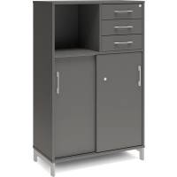 Office skab med skydedør og skuffer 1275x800mm antracit med alugråt stel