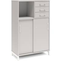 Office skab med skydedør og skuffer 1275x800mm lys grå med hvidt stel