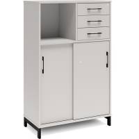 Office skab med skydedør og skuffer 1275x800mm lys grå med sort stel