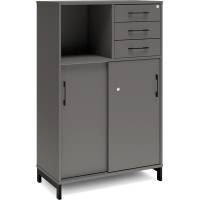 Office skab med skydedør og skuffer 1275x800mm antracit med sort stel