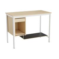 Sybord 120x60cm i birk laminat med fodplade og hvidt stel, h&oslash;jde 90cm