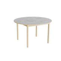 Rundt elevbord &Oslash;120cm i lydd&aelig;mpende lys gr&aring; linoleum med massive birk ben, h&oslash;jde 72cm 