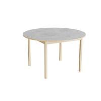 Rundt elevbord &Oslash;120cm i lydd&aelig;mpende lys gr&aring; linoleum med massive birk ben, h&oslash;jde 72cm 