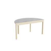 Halvrundt elevbord 120x60cm i lydd&aelig;mpende lys gr&aring; linoleum med massive birk ben, h&oslash;jde 55cm