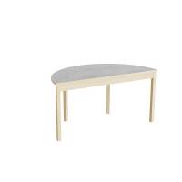 Halvrundt elevbord 120x60cm i lydd&aelig;mpende lys gr&aring; linoleum med massive birk ben, h&oslash;jde 55cm