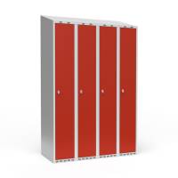 Garderobeskab 4x300mm med skråt tag, døre i rød med greb til hængelåse