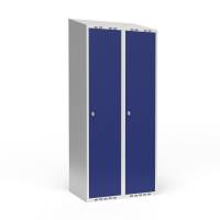 Garderobeskab 2x400mm med skr&aring;t tag, d&oslash;re i bl&aring; med greb til h&aelig;ngel&aring;se