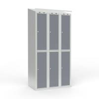 Skoleskab 90x55x190cm, 6 rum, skr&aring;t tag, gr&aring; d&oslash;re, cylinderl&aring;se