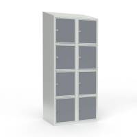 Skoleskab 80x55x190cm, 8 rum, skr&aring;t tag, gr&aring; d&oslash;re, h&aelig;ngel&aring;se