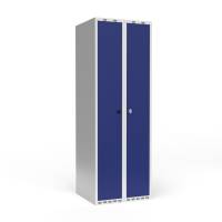 Garderobeskab 2x300mm, lige tag, døre i blå, greb til hængelås