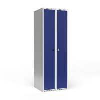 Garderobeskab 2x300mm, lige tag, d&oslash;re i bl&aring;, greb til h&aelig;ngel&aring;s