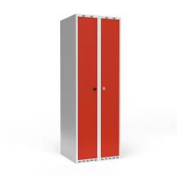 Garderobeskab 2x300mm, lige tag, d&oslash;re i r&oslash;d, greb til h&aelig;ngel&aring;s